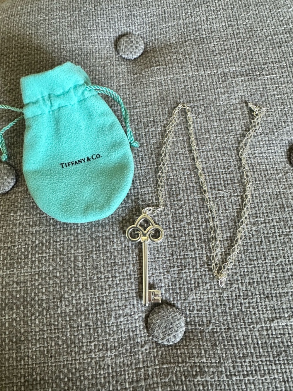 Tiffany & Co. Sterling Fleur Key Pendant Necklace and 30 Inch Oval Chain